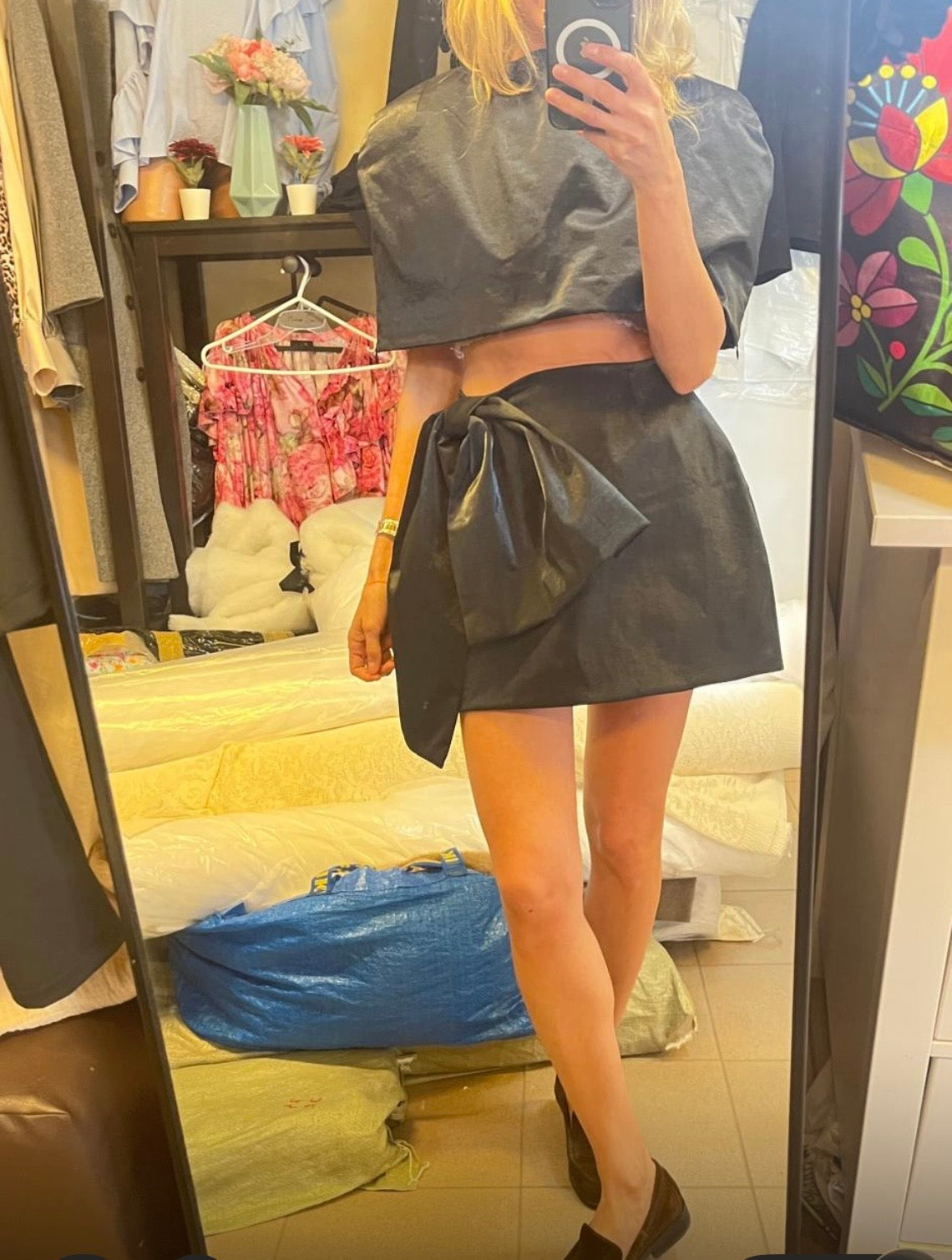 Reverie Midnight Blue Satin Mini Skirt with Statement Bow