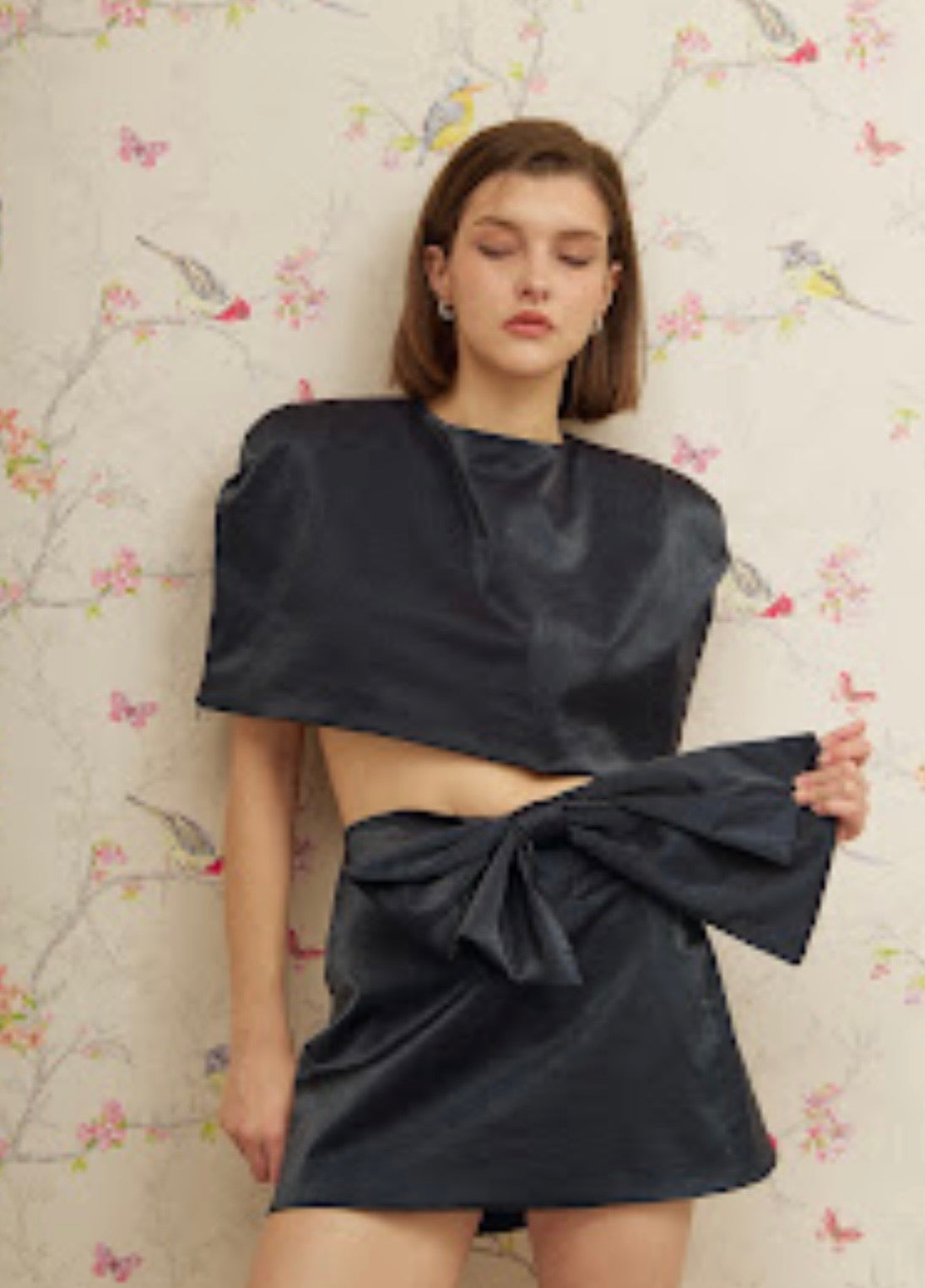 Reverie Midnight Blue Satin Mini Skirt with Statement Bow