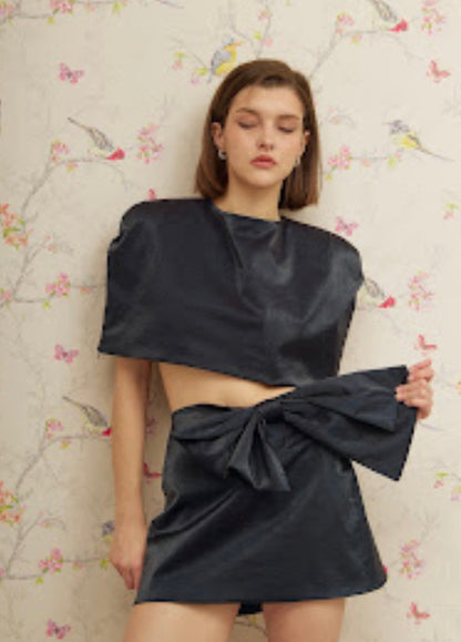 Reverie Midnight Blue Satin Mini Skirt with Statement Bow