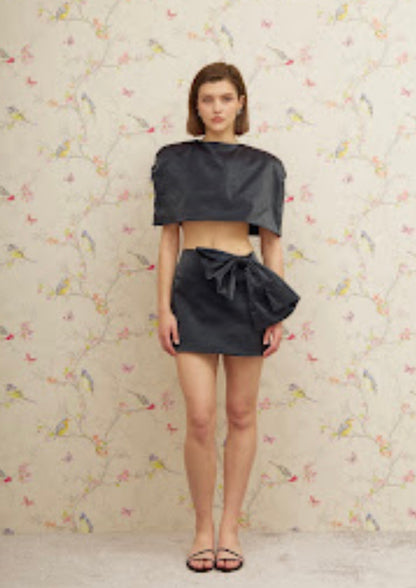 Reverie Midnight Blue Satin Mini Skirt with Statement Bow