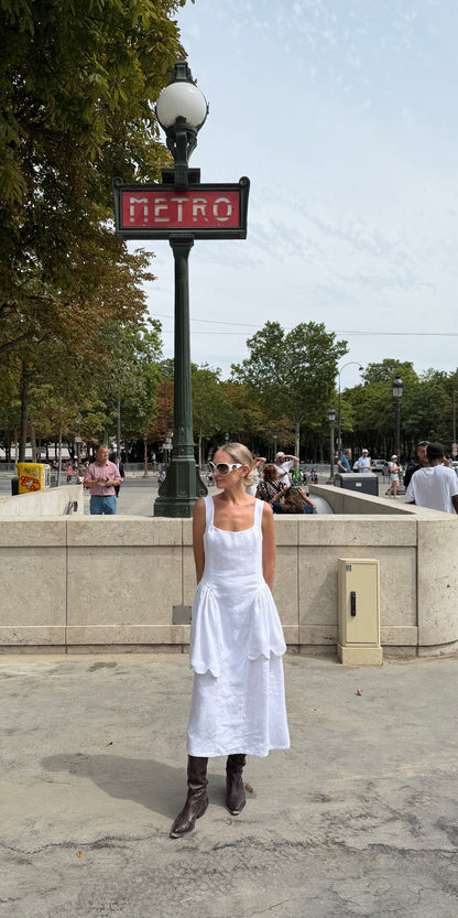Fortuna Asymmetric Volant Linen Midi Dress in White
