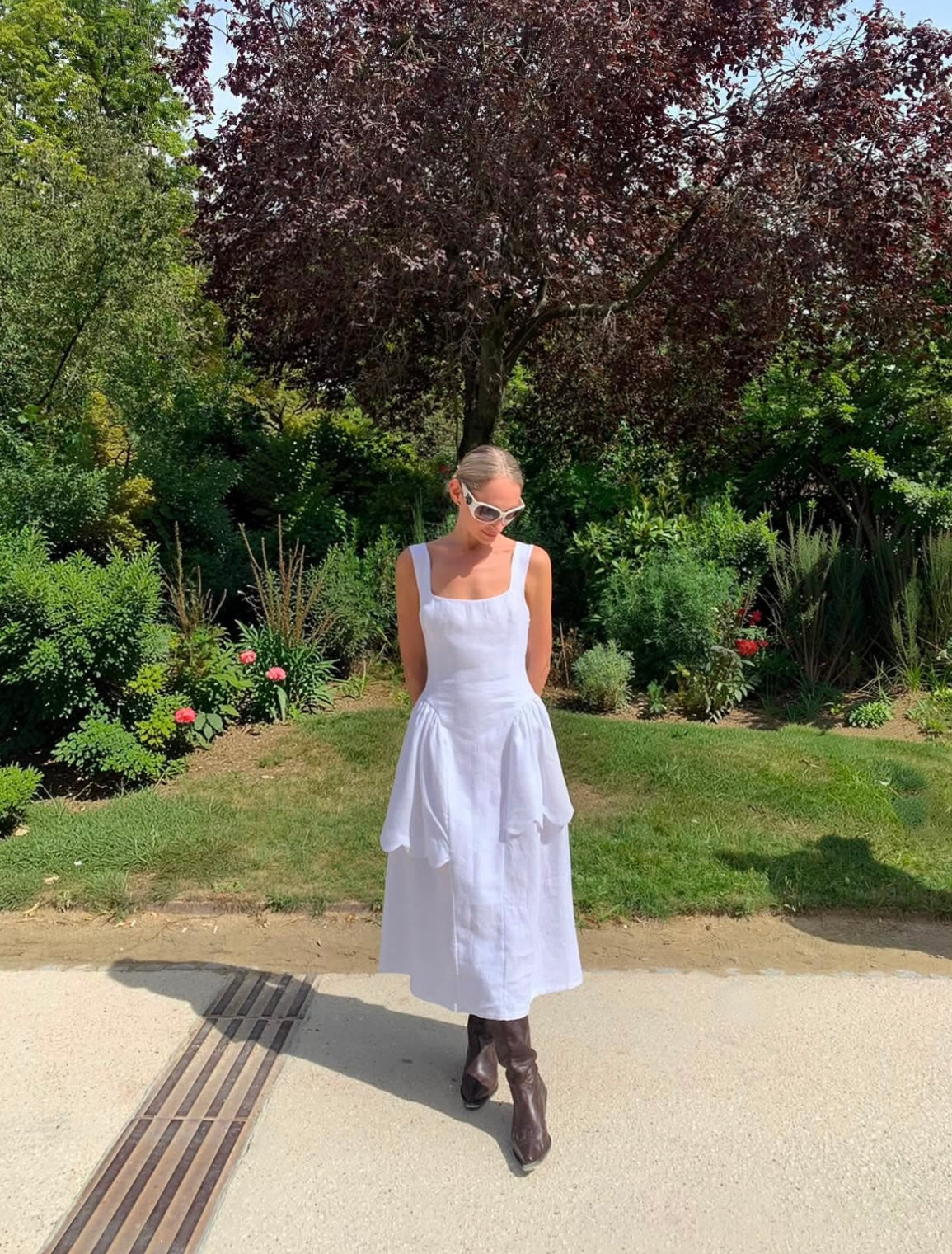 Fortuna Asymmetric Volant Linen Midi Dress in White