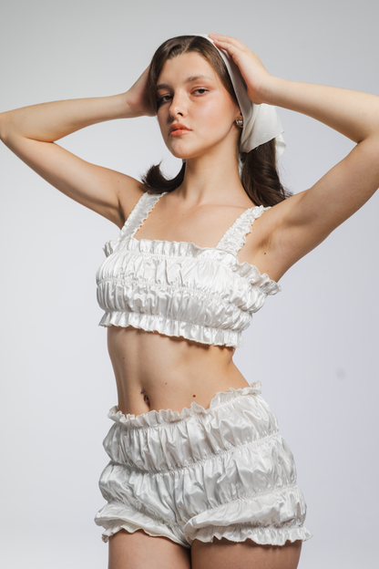 Satin Dreams – white cotton satin pajama set with ruffled camisole top and matching shorts, front view