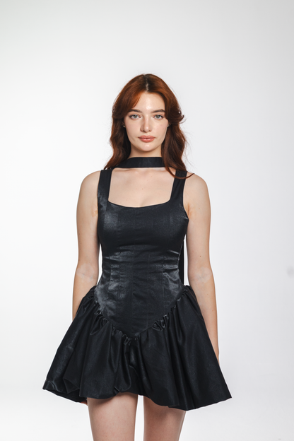 Selena Dress in black – cotton satin dress with corset-style fitted top and flared short skirt, front view