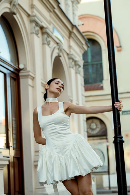 Selena Dress in white – full length view, flared satin skirt, feminine silhouette